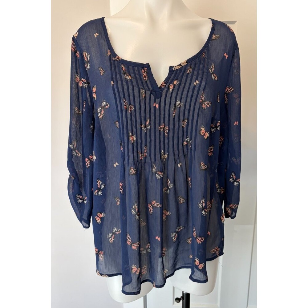 TORRID Womens TOP 3/4 Sleeve BLUE Pink White BUTTERFLY Size 0 (12)